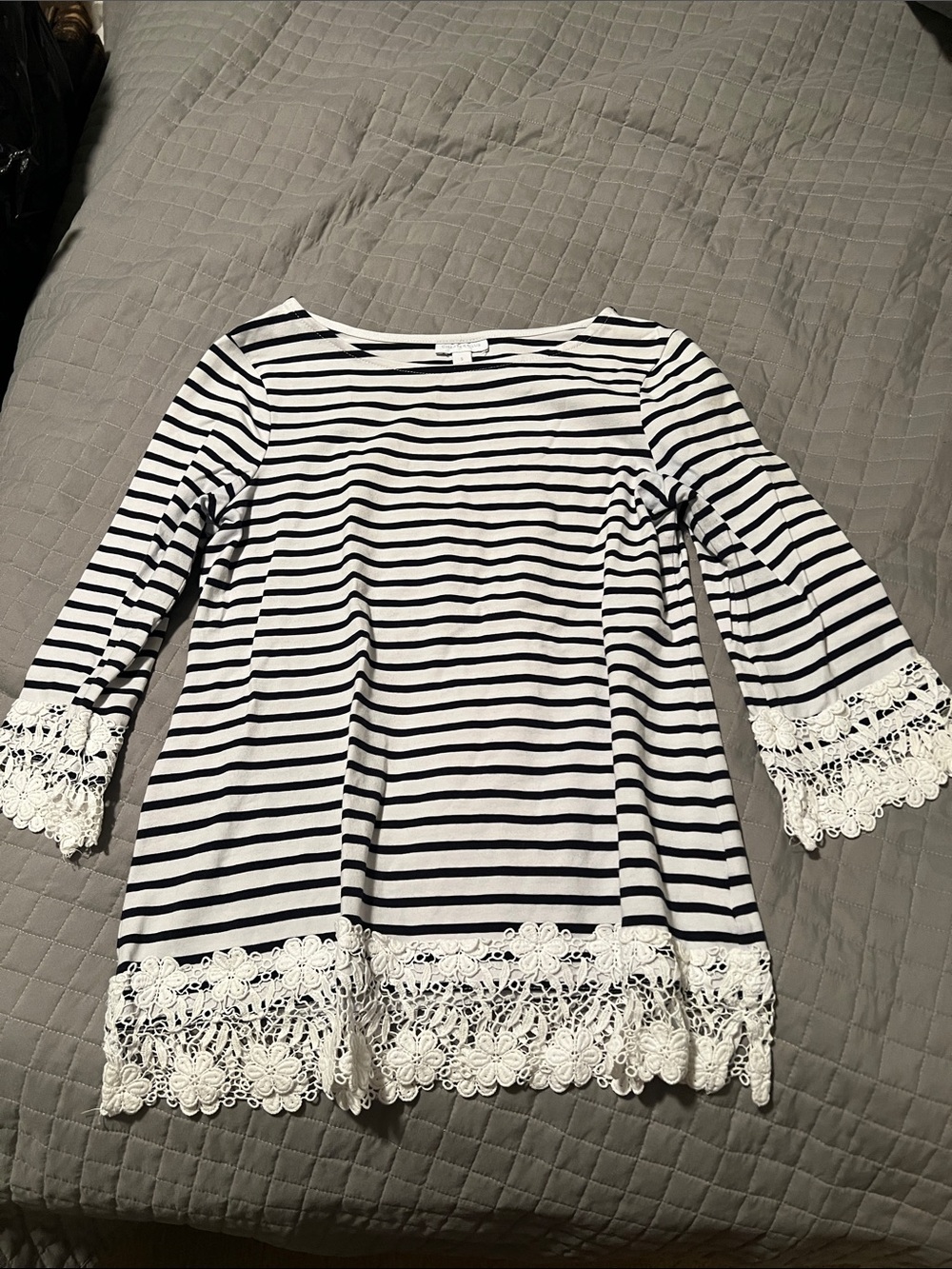 Charter club Striped navy & White Lace Trim Top
